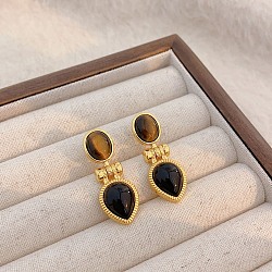 Brass Tiger Eye Stud Earrings, Real 18K Gold Plated, Teardrop, 35x13mm(EJEW-B120-05G-03)