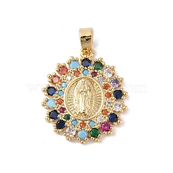 Brass Cubic Zirconia Pendants, Long-Lasting Plated, Flat Round with Holy Virgin Charms, Golden, Colorful, 26x22.5x3mm, Hole: 6x5mm(KK-Z050-26G-02)