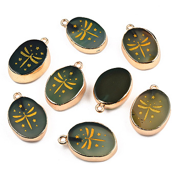 Natural Agate Pendants, with Light Gold Plated Brass Edge & Iorn Loops, Gold Powder, Dyed & Heated, Oval with Dragonfly Charm, Dark Olive Green, 23~24x15~16.5x4~6.5mm, Hole: 1.6mm