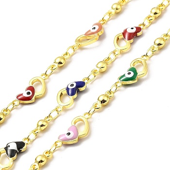Handmade Brass Enamel Heart with Evil Eye Link Chain, with Brass Links, Soldered, with Spool, Cadmium Free & Lead Free, Real 18K Gold Plated, Heart: 14x6.5x3mm