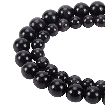 BENECREAT 88Pcs 2Strands 2 Style Cat Eye Beads, Round, Black, 8~10mm, Hole: 0.8~1mm