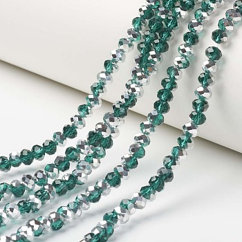 Electroplate Transparent Glass Beads Strands, Half Silver Plated, Faceted, Rondelle, Teal, 4x3mm, Hole: 0.4mm, about 113~115pcs/strand, 41~42cm