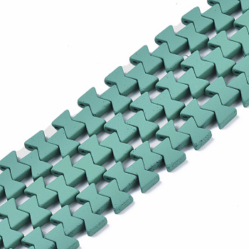 Spray Painted Non-magnetic Synthetic Hematite Multi-Strand Links, for Tile Elastic Bracelets Making, Bowknot, Teal, 7x6x3mm, Hole: 1mm, about 94~99pcs/strand, 16.14~17.32 inch(41~44cm)