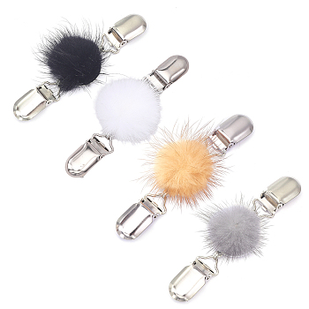 4Pcs 4 Colors Faux Mink Fur Covered Round Beads Sweater Collar Clips, Platinum Vintage Alloy Dresses Shawl Clips Brooch for Women, Mixed Color, 110mm, 1Pc/color