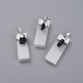 Natural Calcite Big Pendants, with Natural Black Tourmaline and Brass Findings, Rectangle, Silver, 50~75x15~20x8~11mm, Hole: 7.5x5mm