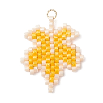 Glass Seed Beaded Maple Leaf Pendants, with 304 Stainless Steel Jump Ring, Real 18K Gold Plated, Yellow, 28x24x2mm, Hole: 2.5mm
