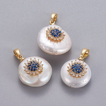 Natural Cultured Freshwater Pearl Pendants, with Brass Micro Pave Cubic Zirconia Findings, Nuggets with Flower, Long-Lasting Plated, Golden, Blue, 17~27x12~16x6~12mm, Hole: 4x2.5mm