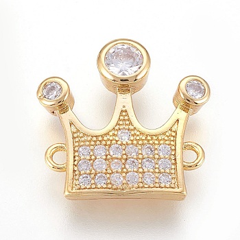 Brass Micro Pave Cubic Zirconia Links, Crown, Clear, Real 18K Gold Plated, 17x17.5x3mm, Hole: 1.2mm