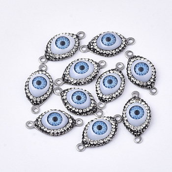 Polymer Clay Rhinestone Links connectors, with 304 Stainless Steel Findings and Resin, Evil Eye, Stainless Steel Color, 26x13~13.5x6.5mm, Hole: 1.8mm