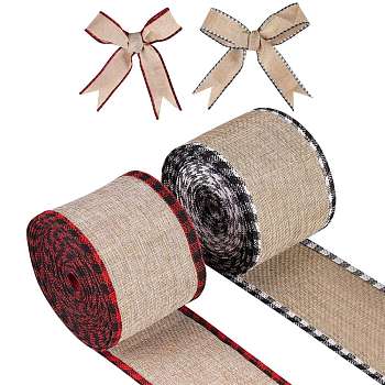 2 Rolls 2 Colors Linen Rolls, Jute Ribbons, For Christmas Craft Making, Red & Black, Mixed Color, 2-1/2 inch(65mm), 5m/roll, 1 roll/color