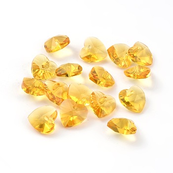Romantic Valentines Ideas Glass Charms, Faceted Heart Charm, Gold, 10x10x5mm, Hole: 1mm