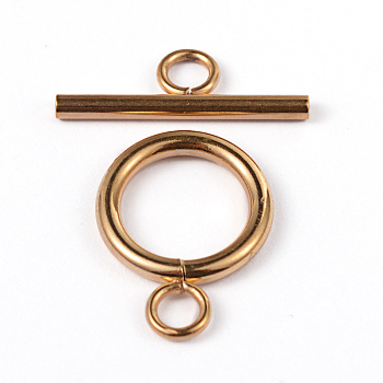 Ion Plating(IP) 304 Stainless Steel Ring Toggle Clasps, Real 18K Gold Plated, Ring: 16x12x2mm, Hole: 2.5mm, Bar: 18x7x2mm, Hole: 3mm