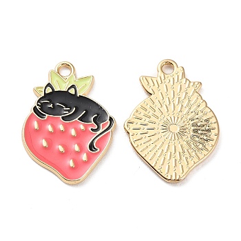 Rack Plating Alloy Enamel Pendants, Cadmium Free & Lead Free & Nickel Free, Golden, Strawberry with Cat Charm, Light Coral, 25x18x1.5mm, Hole: 2mm