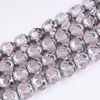Electroplate Glass Beads Strands, Half Silver Plated, Faceted, Round, Pink, 8~8.5x7~8mm, Hole: 1mm, about 40pcs/strand, 11.8 inch