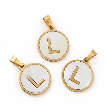 Vacuum Plating 304 Stainless Steel with White Shell Pendants, Golden, Flat Round with Letter Charm, Letter.L, 18x16x1.5mm, Hole: 3x6mm