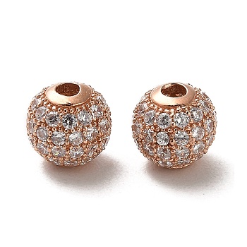 925 Sterling Silver Micro Pave Cubic Zirconia Beads, Round, Rose Gold, Clear, 8x7.5mm, Hole: 2.2mm