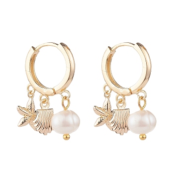 Starfish & Shell & Natural Pearl Drop Huggie Hoop Earrings, Brass Jewelry for Women, Golden, 26.5mm, Pin: 0.8mm