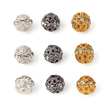 20Pcs 4 Colors Brass Rhinestone Beads, Round, Crystal, Mixed Color, 10mm, Hole: 1.2mm, 5pcs/color