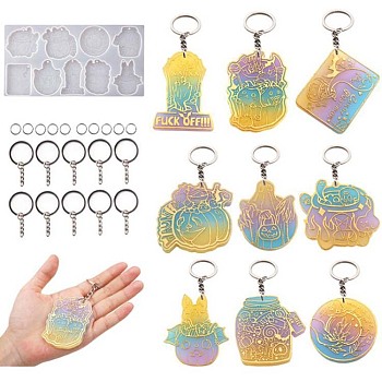 DIY Silicone Halloween Theme Pendant Molds & Keychain & Jump Ring Set, Resin Casting Molds, For UV Resin, Epoxy Resin Jewelry Making, Pumpkin/Cauldron/Ghost, White, 128x250x8mm