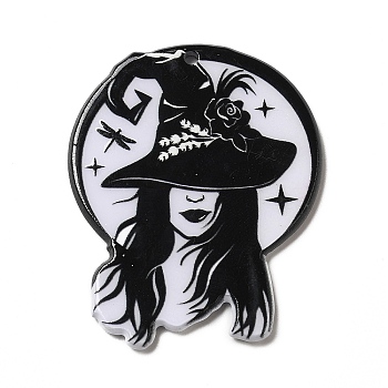 Printed Acrylic Pendants, Hecate with Witch Hat Charm, Black, 40x33x2.5mm, Hole: 1.8mm