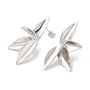 Brass Stud Earrings for Women, Leaf, Platinum, 40.5x21mm
