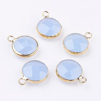 Golden Tone Brass Glass Flat Round Charms, Faceted, Cornflower Blue, 14x10.5x5mm, Hole: 1.5mm