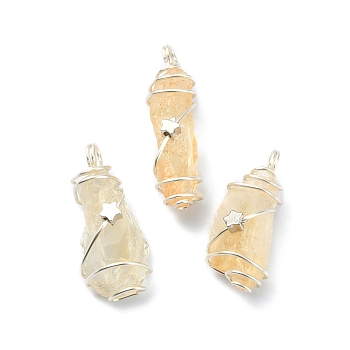 Natural Citrine Pendants, Silver Color Plated Copper Wire Wrapped Nuggets Charms with Star, Silver Color Plated, 23~46x10~17x8~13mm, Hole: 4mm