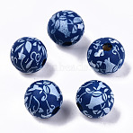 Printed Natural Wooden Beads, Round with Floarl Pattern, Dark Blue, 14x13mm, Hole: 3mm(WOOD-R270-11A)