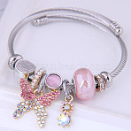 Adjustable Stainless Steel European Bangles, Charm Bangles for Women, Butterfly, with Alloy & Imitation Pearl & Resin, Pink, Inner Diameter: 2-1/8 inch(5.5cm)(FS-WG548C4-02)