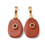 Natural Red Jasper Pendants, Oval Charms with Brass Micro Pave Cubic Zirconia Findings, Golden, 20x12x5mm, Hole: 7x4mm(G-P628-02G-01)