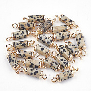 Electroplate Natural Dalmatian Jasper Links connectors, with Iron Findings, Column, Golden, 20~21x5~6x5~6mm, Hole: 1.8mm(X-G-S344-01D)