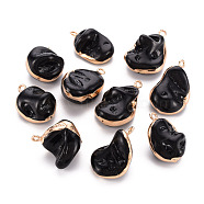 Electroplate Freshwater Shell Pendants, with Golden Iron Edge and Loop, Nuggets, Dyed, Black, 21~32.5x14~24x6~21mm, Hole: 1.8mm(SHEL-T018-12G-08)