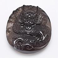 Natural Ice Crystal Obsidian Carven Pendants, Chinese Dragon, Black, 52.5x47x14mm, Hole: 2mm(G-A169-004)