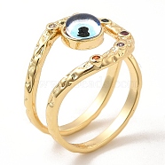 Resin Evil Eye Open Cuff Ring with Cubic Zirconia, Real 18K Gold Plated Brass Wire Wrap Jewelry for Women, Blue, Inner Diameter: 18mm(RJEW-E069-02G-07)