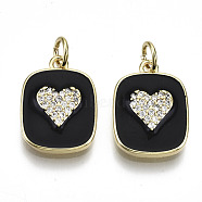 Brass Micro Pave Clear Cubic Zirconia Pendants, with Enamel and Jump Ring, Rectangle with Heart, Real 16K Gold Plated, Nickel Free, Black, 17.5x13x3mm, Jump Ring: 5x1mm, 3mm inner diameter(KK-N227-37A-NF)