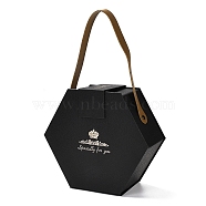Valentine's Day Hexagon Cardboard Gift Boxes, with PU Imitation Leather Handles, Black, 28.5cm, Bag: 16.5x18.5x8cm(CON-M010-01A)