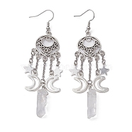 Natural Quartz Crystal Twist Rectangle Dangle Earrings, Star and Moon Alloy & 304 Stainless Steel Tassel Long Drop Earrings for Women, Antique Silver, 91.5~92x22mm(EJEW-JE05315)