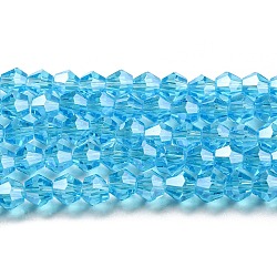 Transparent Electroplate Glass Beads Strands, Pearl Luster Plated, Faceted, Bicone, Deep Sky Blue, 3.5~3.8x3mm, Hole: 0.8mm, about 113~115pcs/strand, 14.17~14.37 inch(36~36.5cm)(EGLA-A039-T3mm-A19)