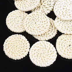 Handmade Reed Cane/Rattan Woven Beads, For Making Straw Earrings and Necklaces, No Hole/Undrilled, Flat Round, Lemon Chiffon, 35~37x5~6mm(X-WOVE-T005-12B)