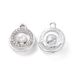 Alloy Crystal Rhinestone Pendants, with ABS Plastic Imitation Pearl, Flat Round Charms, Platinum, 19x15x6mm, Hole: 2.5mm(ALRI-H004-16P)
