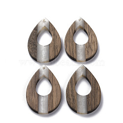 Opaque Resin & Walnut Wood Pendants, Teardrop, WhiteSmoke, 38x25x3.5mm, Hole: 1.8mm(RESI-T035-34)
