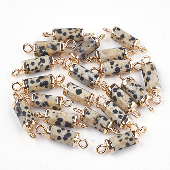 Electroplate Natural Dalmatian Jasper Links connectors, with Iron Findings, Column, Golden, 20~21x5~6x5~6mm, Hole: 1.8mm