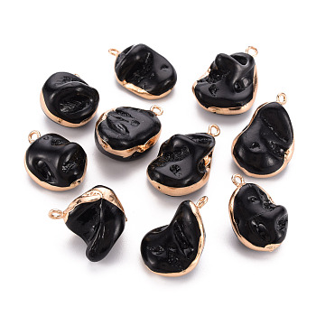 Electroplate Freshwater Shell Pendants, with Golden Iron Edge and Loop, Nuggets, Dyed, Black, 21~32.5x14~24x6~21mm, Hole: 1.8mm