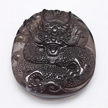 Natural Ice Crystal Obsidian Carven Pendants, Chinese Dragon, Black, 52.5x47x14mm, Hole: 2mm