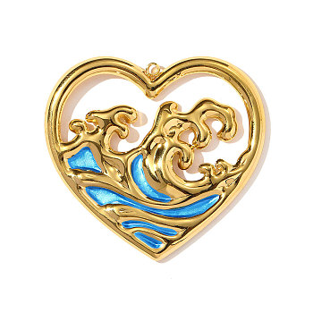 304 Stainless Steel Enamel Big Pendants, Heart Charms, Ion Plating(IP) Hand Polished, Real 18K Gold Plated, Deep Sky Blue, 53x49mm