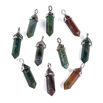 Natural Indian Agate Pointed Pendants, with Platinum Tone Brass Findings, Bullet, 39.5x12x11.5mm, Hole: 4.5x2.8mm