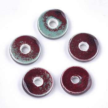 Handmade Porcelain Beads, Fancy Antique Glazed Porcelain, Flat Round/Disc, Brown, 21~22x6mm, Hole: 5mm
