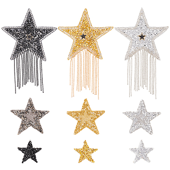 9Pcs 9 Style Star Hotfix Rhinestone, Costume Accessories, Sewing Craft Decoration, Mixed Color, 35~135x37~85x2.5mm, 1pc/style