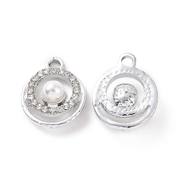 Alloy Crystal Rhinestone Pendants, with ABS Plastic Imitation Pearl, Flat Round Charms, Platinum, 19x15x6mm, Hole: 2.5mm