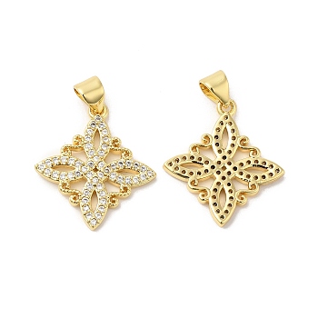 Brass Micro Pave Clear Cubic Zirconia Pendants, Flower, Real 16K Gold Plated, 21.5x19x2mm, Hole: 4.5x3.5mm